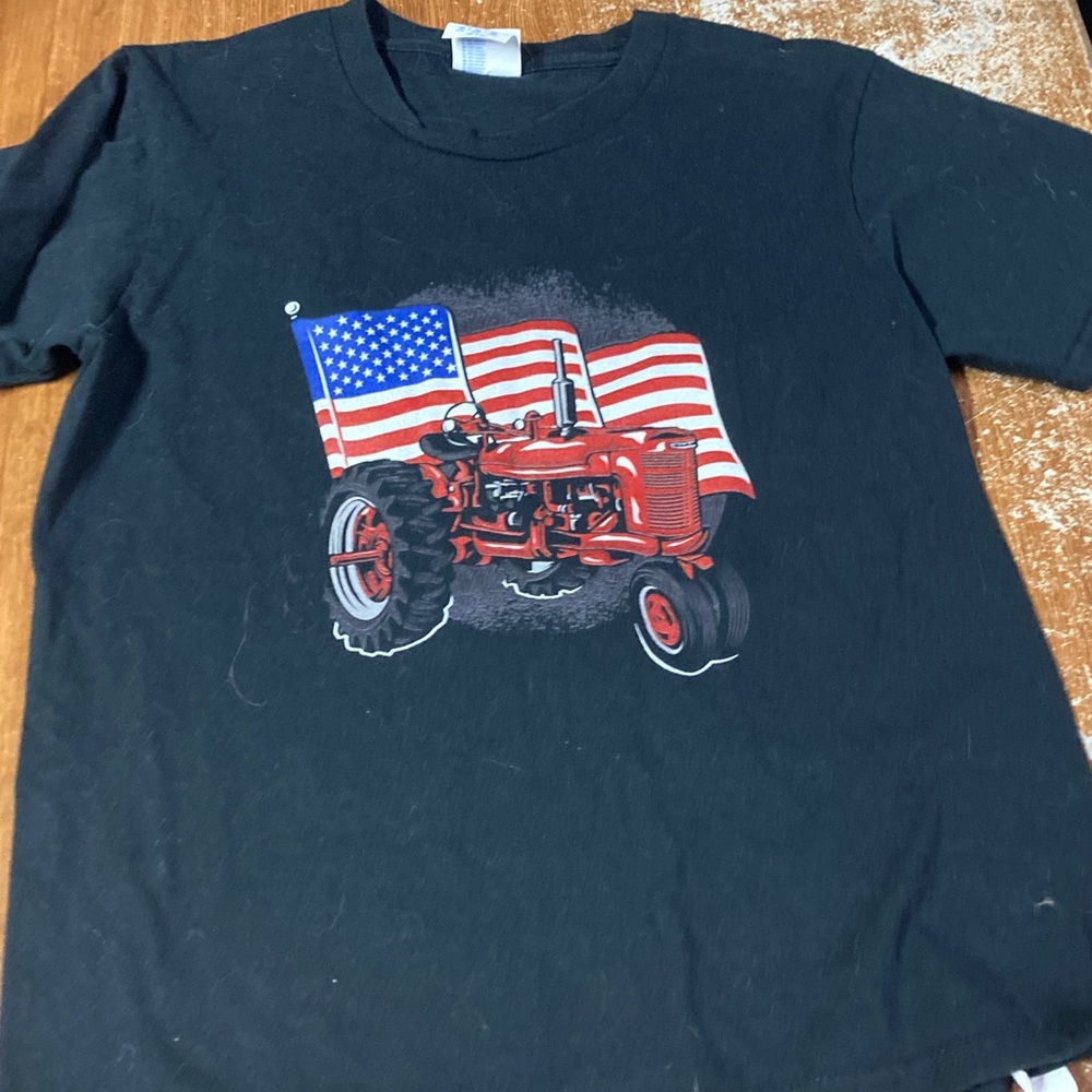 Port and Company Black Tee with Red Tractor and American Flag